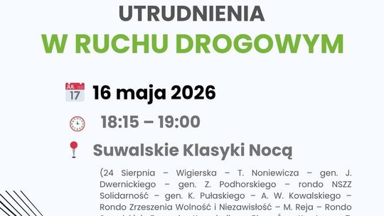 🚗 Czasowe utrudnienia w ruchu drogowym – „Suwalskie Klasyki Nocą 2026”
