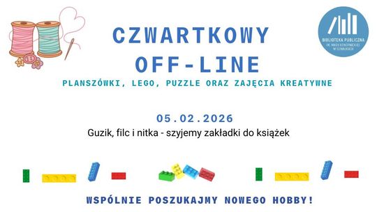 Czwartkowy OFF-LINE w bibliotece. Szyjemy zakładki i odkrywamy nowe hobby