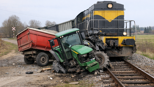 Kolizja pociągu towarowego z ciągnikiem w Poddubówku