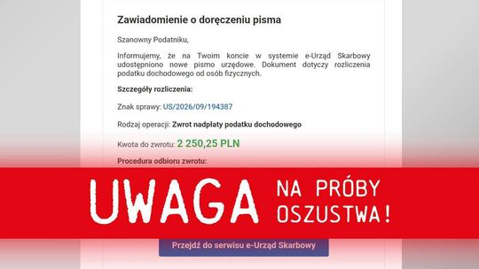 Uwaga na fałszywe e-maile o zwrocie podatku! Oszuści podszywają się pod e-Urząd Skarbowy