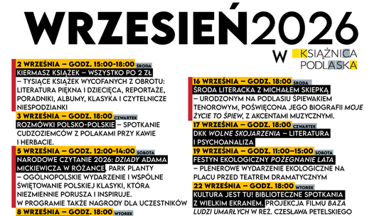 Wrzesień pełen kultury w Książnicy Podlaskiej. Literatura, muzyka, kryminał i spotkania