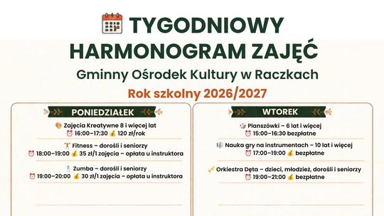 Zajęcia dla dzieci, młodzieży, dorosłych i seniorów. GOK w Raczkach ogłosił harmonogram na rok 2026/2027