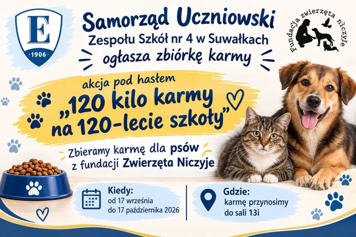 „120 kilo karmy na 120-lecie szkoły”. Uczniowie ZS nr 4 w Suwałkach pomagają psom „120 kilo karmy na 120-lecie szkoły”. Uczniowie ZS nr 4 w Suwałkach pomagają psom