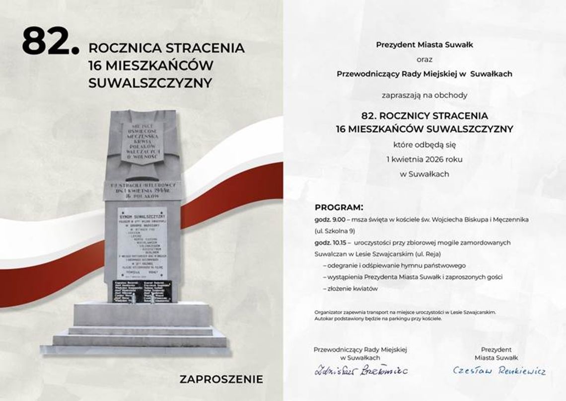 82. rocznica stracenia 16 mieszkańców Suwalszczyzny – zaproszenie na uroczystości