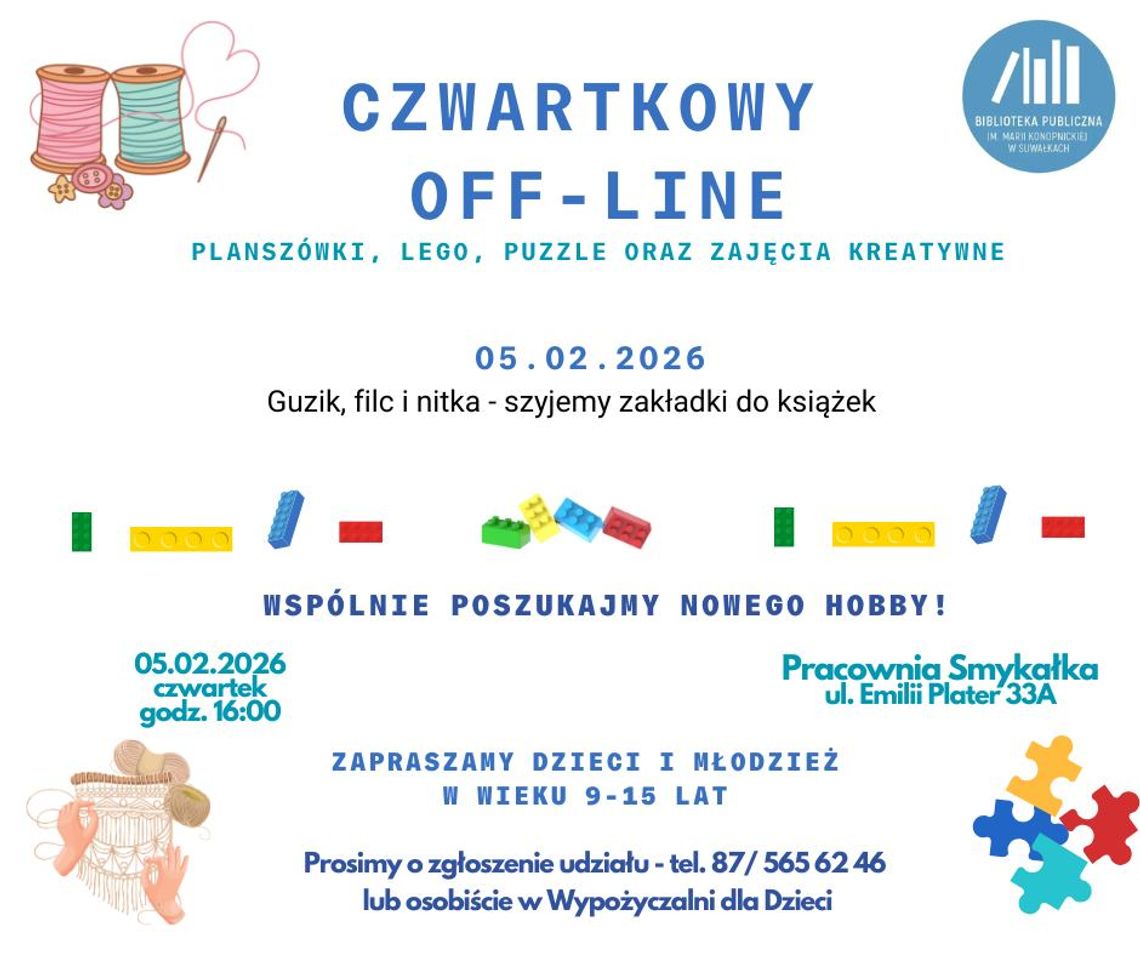 Czwartkowy OFF-LINE w bibliotece. Szyjemy zakładki i odkrywamy nowe hobby