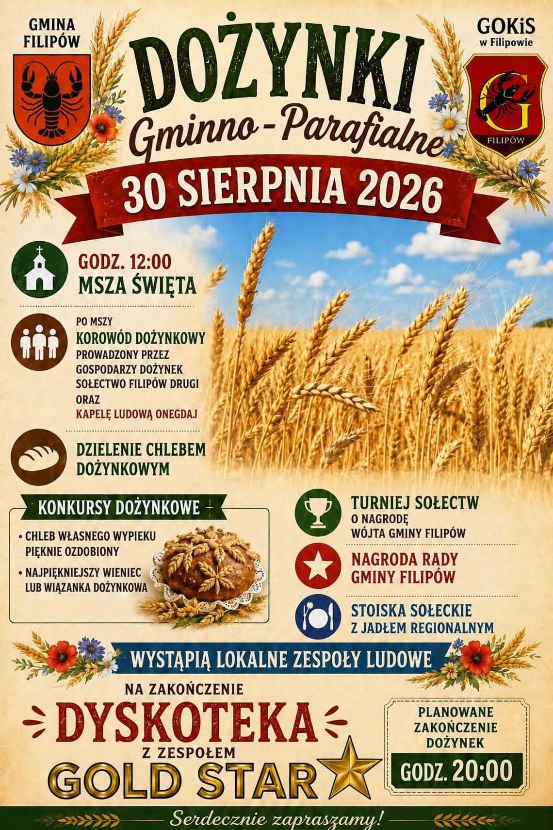 Dożynki Gminno-Parafialne w Filipowie. Będzie korowód, konkursy, turniej sołectw i muzyka na żywo Dożynki Gminno-Parafialne w Filipowie. Będzie korowód, konkursy, turniej sołectw i muzyka na żywo
