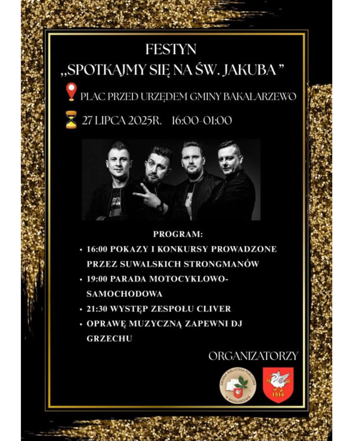 🎉 Festyn "Spotkajmy się na św. Jakuba" już 27 lipca w Bakałarzewie – pokazy, parada i koncert zespołu Cliver! 🏍️🎶