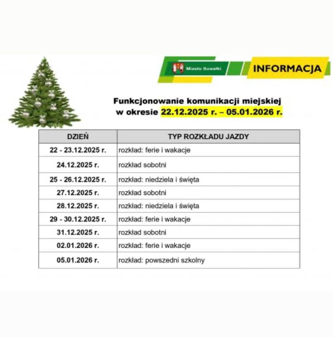 Funkcjonowanie komunikacji miejskiej w okresie świąteczno-noworocznym (22.12.2025 r. – 05.01.2026 r.)