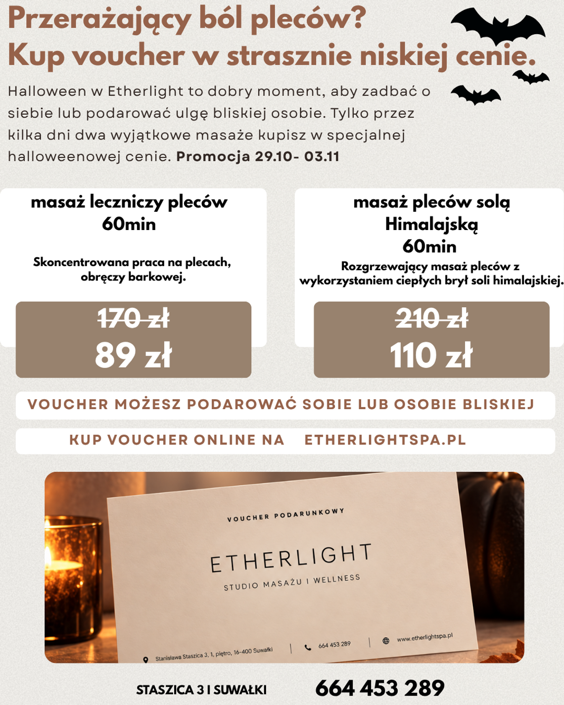 Halloweenowa promocja na masaże w Suwałkach. Sprawdź ofertę Etherlight Studio Masażu i Wellness