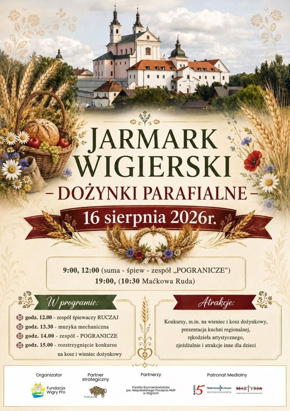 Jarmark Wigierski - Dożynki Parafialne 2026. W niedzielę święto lokalnej tradycji, muzyki i regionalnych smaków