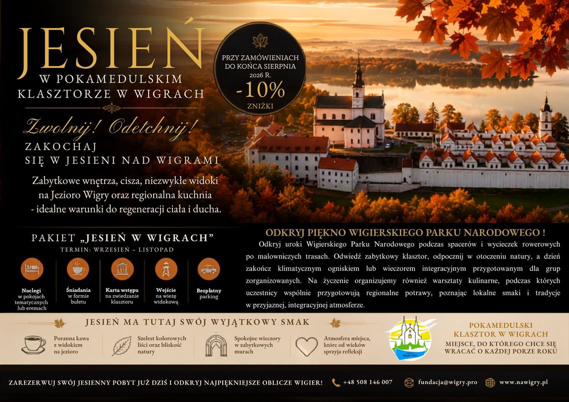 Jesień w Pokamedulskim Klasztorze w Wigrach. Ruszyły rezerwacje z 10% rabatem Jesień w Pokamedulskim Klasztorze w Wigrach. Ruszyły rezerwacje z 10% rabatem