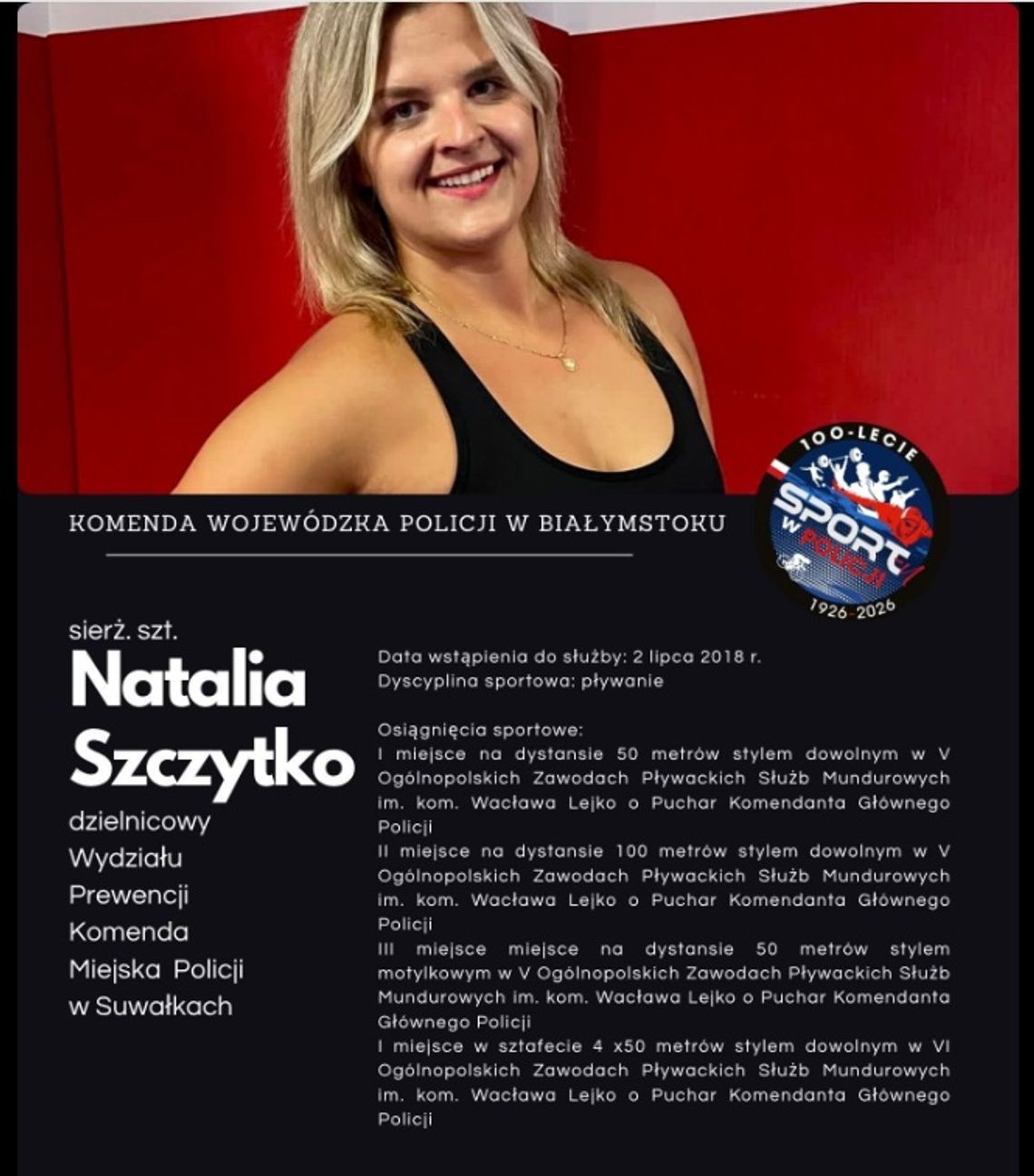 Kolejna suwalska policjantka w plebiscycie na Najpopularniejszego Sportowca Policji. Natalia Szczytko z sukcesami w pływaniu Kolejna suwalska policjantka w plebiscycie na Najpopularniejszego Sportowca Policji. Natalia Szczytko z sukcesami w pływaniu