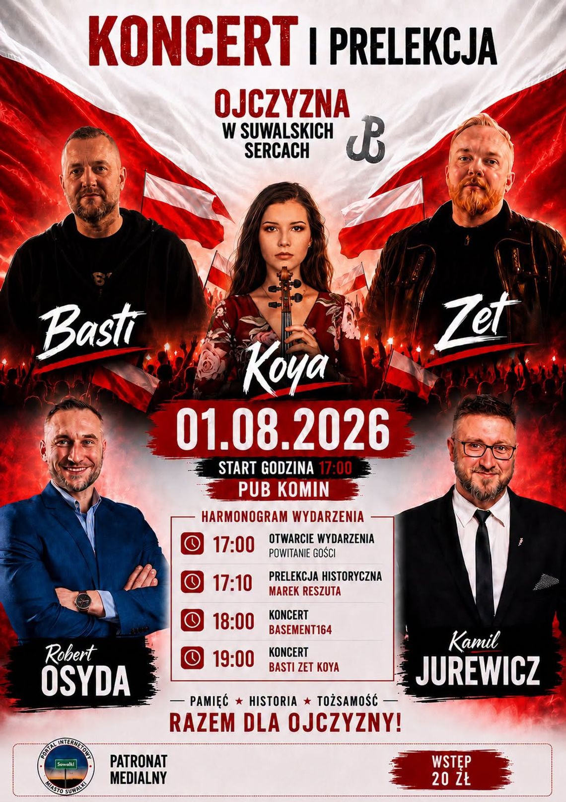 Koncert i prelekcja „Ojczyzna w Suwalskich Sercach”. Wystąpią Basti, Zet i Koya