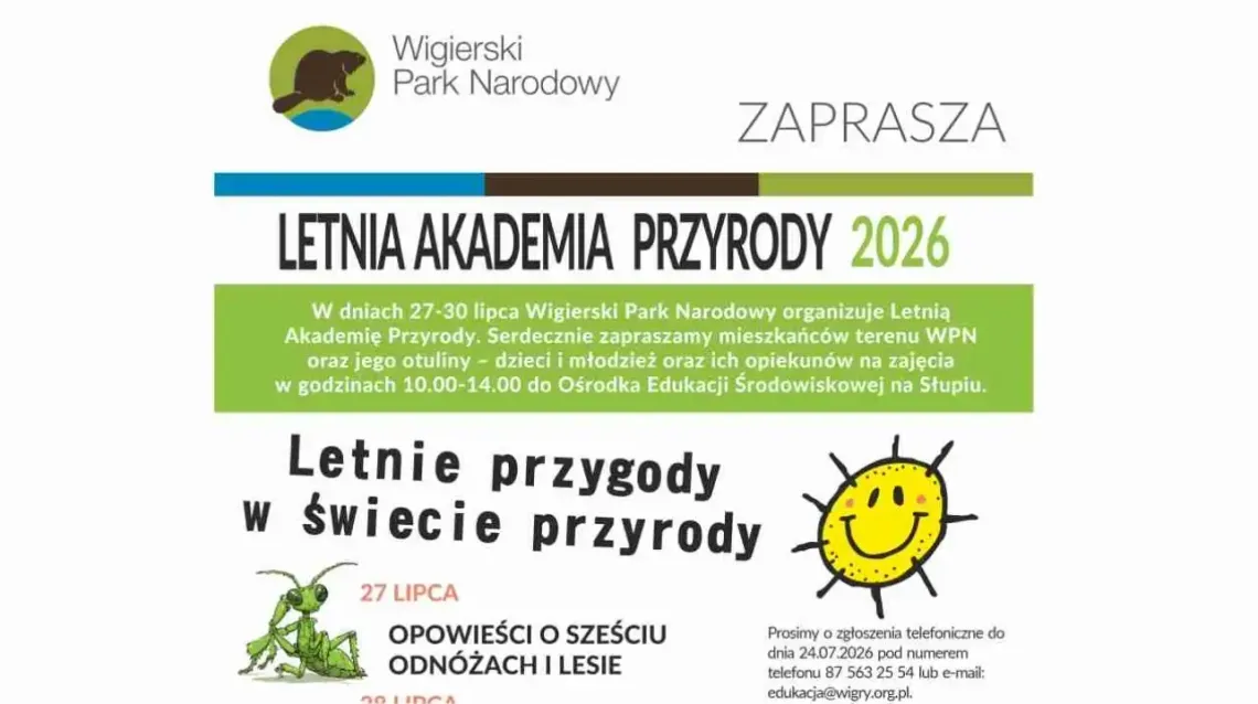 Letnia Akademia Przyrody w Wigierskim Parku Narodowym. Bezpłatne zajęcia dla dzieci i opiekunów Letnia Akademia Przyrody w Wigierskim Parku Narodowym. Bezpłatne zajęcia dla dzieci i opiekunów