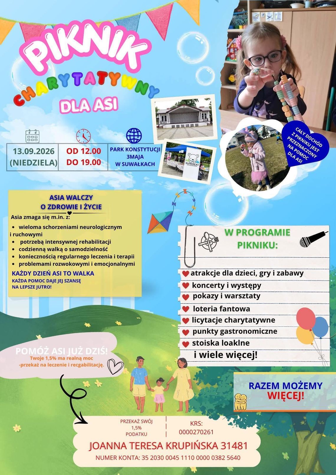 Piknik charytatywny dla Asi już 13 września w Suwałkach. Będzie muzyka, atrakcje i licytacje Piknik charytatywny dla Asi już 13 września w Suwałkach. Będzie muzyka, atrakcje i licytacje
