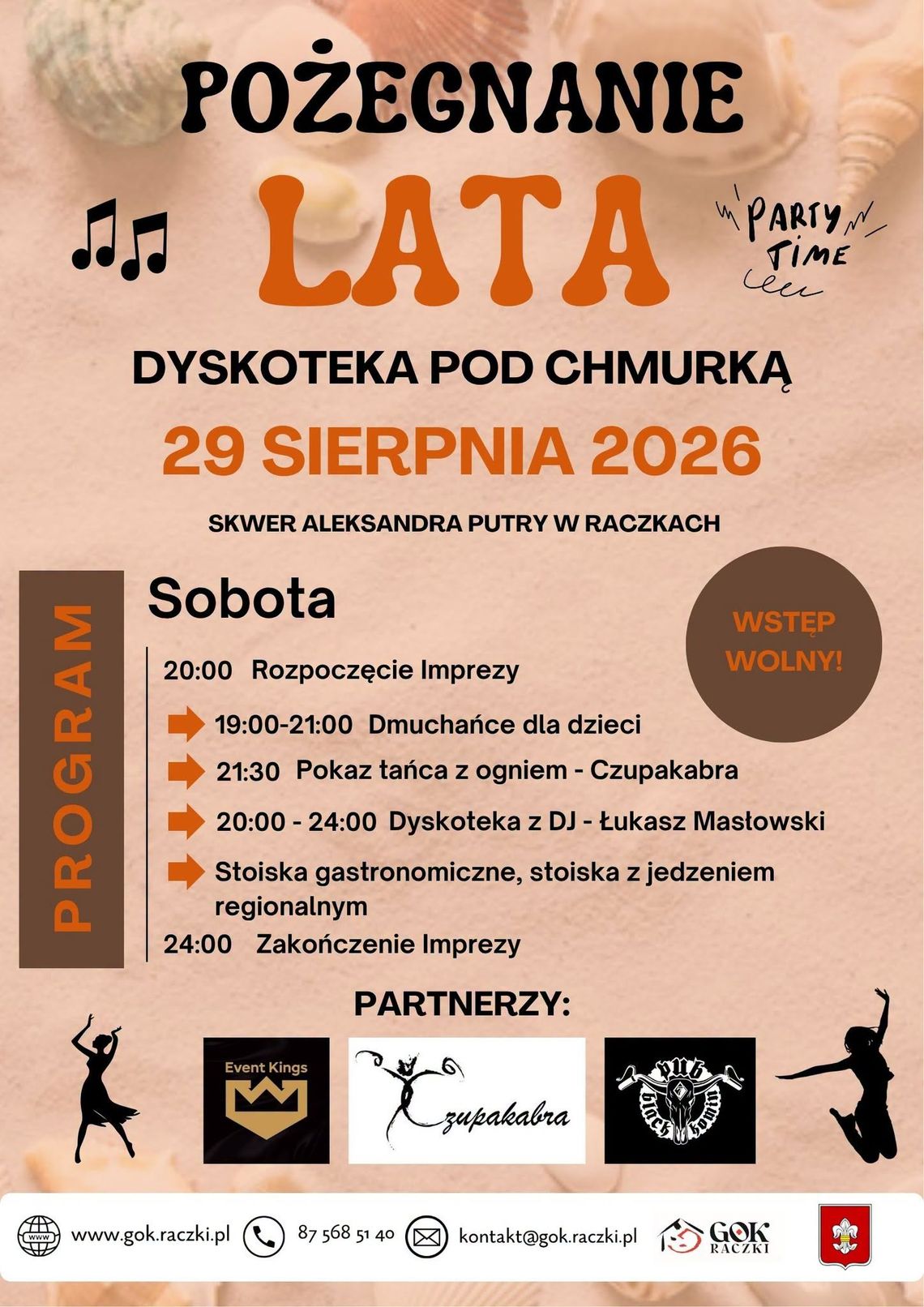 Pożegnanie lata w Raczkach! Dyskoteka pod chmurką, pokaz ognia i atrakcje dla całych rodzin Pożegnanie lata w Raczkach! Dyskoteka pod chmurką, pokaz ognia i atrakcje dla całych rodzin