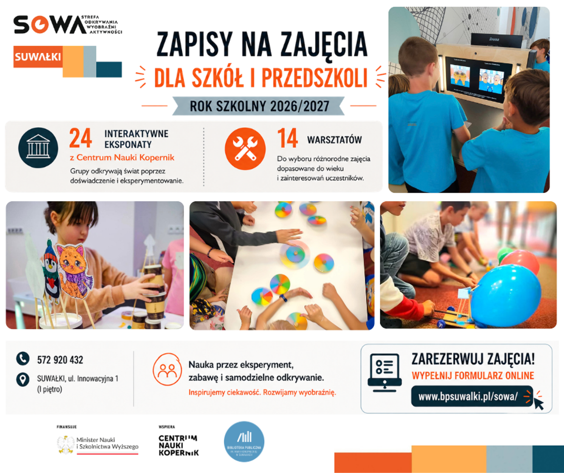Ruszyły zapisy do SOWA Suwałki. Oferta dla szkół i przedszkoli na rok 2026/2027 Ruszyły zapisy do SOWA Suwałki. Oferta dla szkół i przedszkoli na rok 2026/2027
