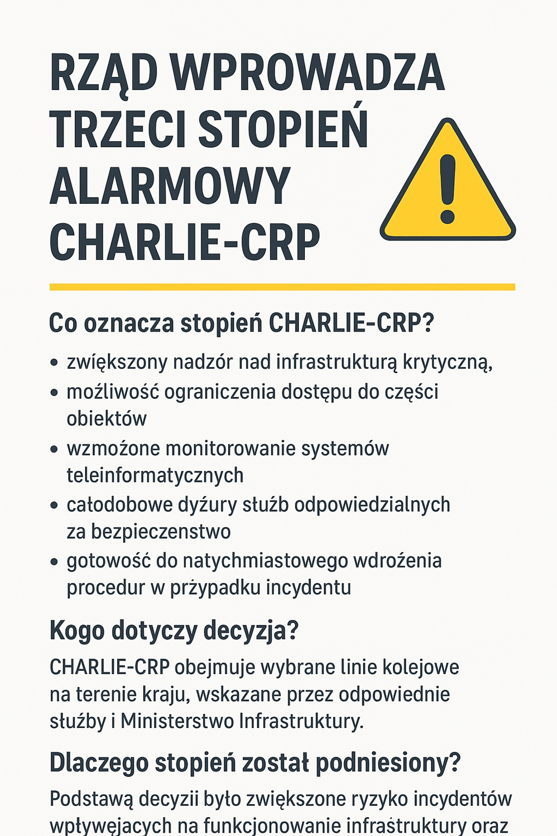 🔔 Rząd wprowadza trzeci stopień alarmowy CHARLIE-CRP na wybranych liniach kolejowych 🔔 Rząd wprowadza trzeci stopień alarmowy CHARLIE-CRP na wybranych liniach kolejowych