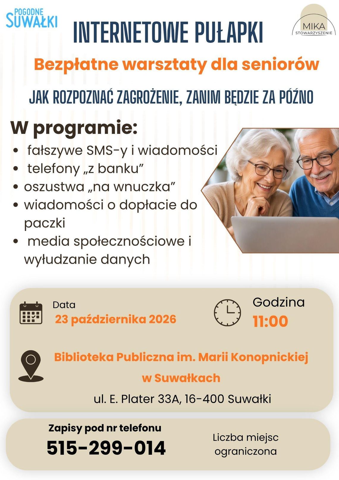 Seniorzy poznają sposoby internetowych oszustów. Bezpłatne warsztaty w Suwałkach Seniorzy poznają sposoby internetowych oszustów. Bezpłatne warsztaty w Suwałkach