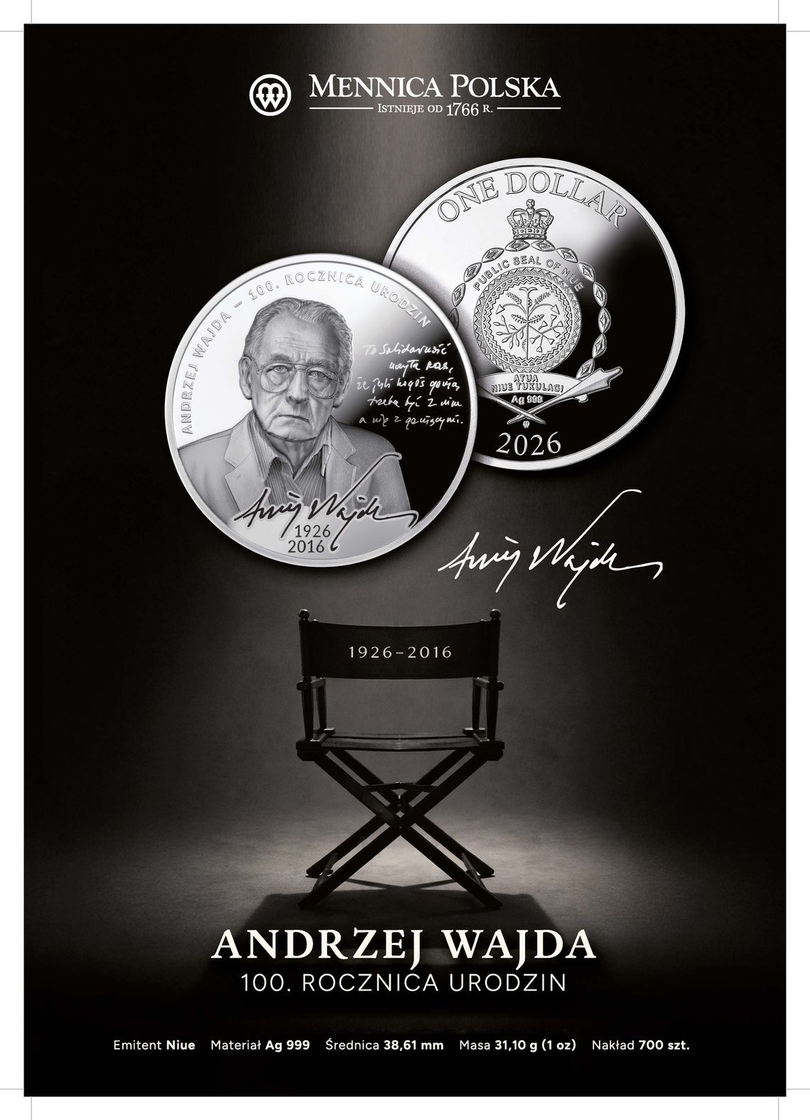 Srebrna moneta z wizerunkiem Andrzeja Wajdy. Hołd w setną rocznicę urodzin 🎬