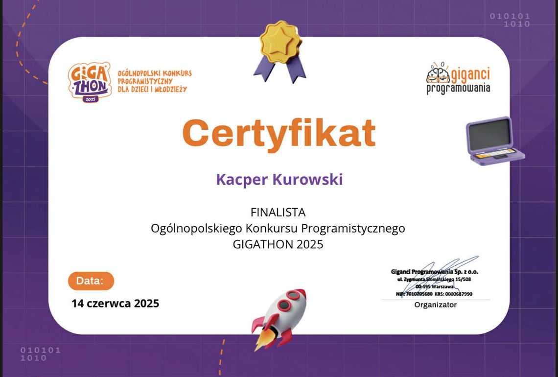 🎉 Sukces ucznia naszej szkoły w Ogólnopolskim Konkursie Programistycznym Gigathon 2025! 🎉