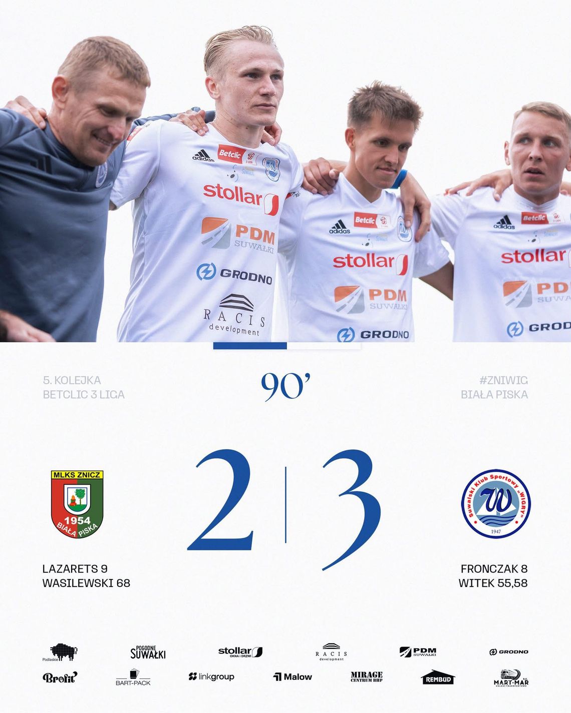 ⚽ Trzecie zwycięstwo z rzędu! Wigry Suwałki pokonały Znicz Biała Piska 3:2