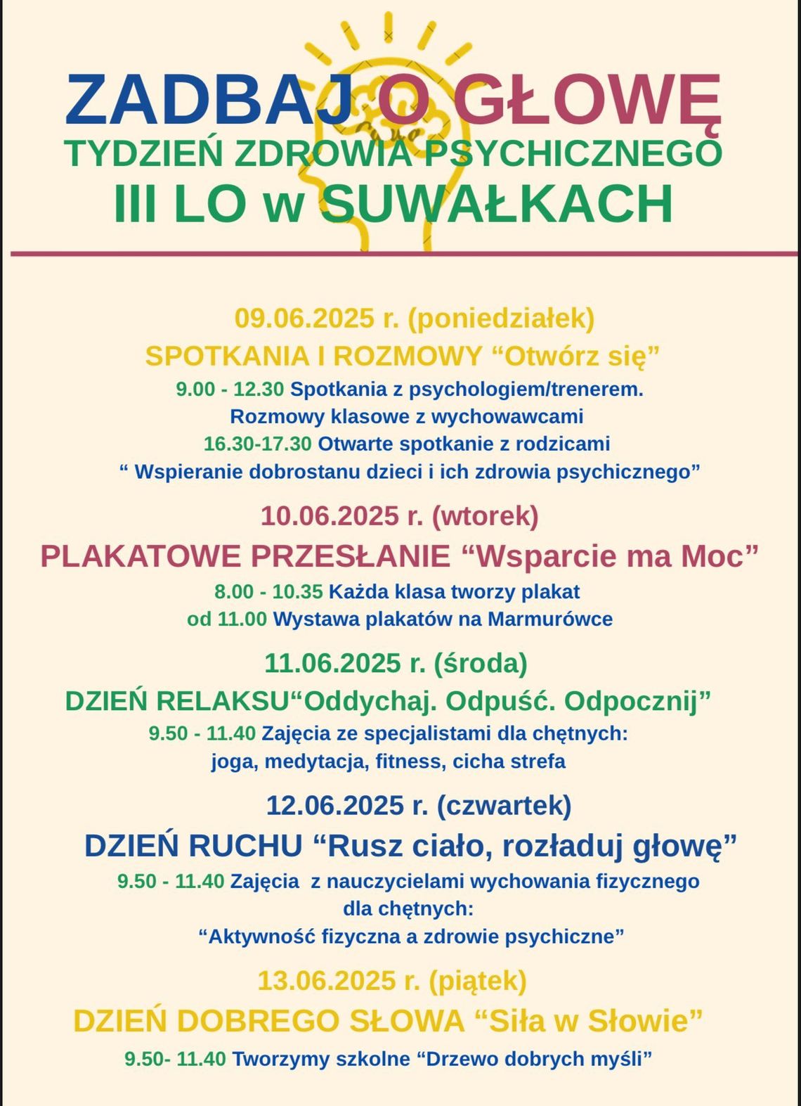 Tydzień Zdrowia Psychicznego w III LO w Suwałkach – zaproszenie do udziału