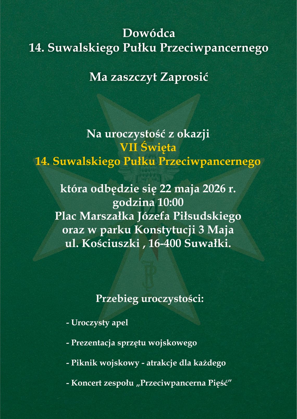 VII Święto 14. Suwalskiego Pułku Przeciwpancernego już 22 maja. W programie apel, sprzęt i piknik wojskowy VII Święto 14. Suwalskiego Pułku Przeciwpancernego już 22 maja. W programie apel, sprzęt i piknik wojskowy