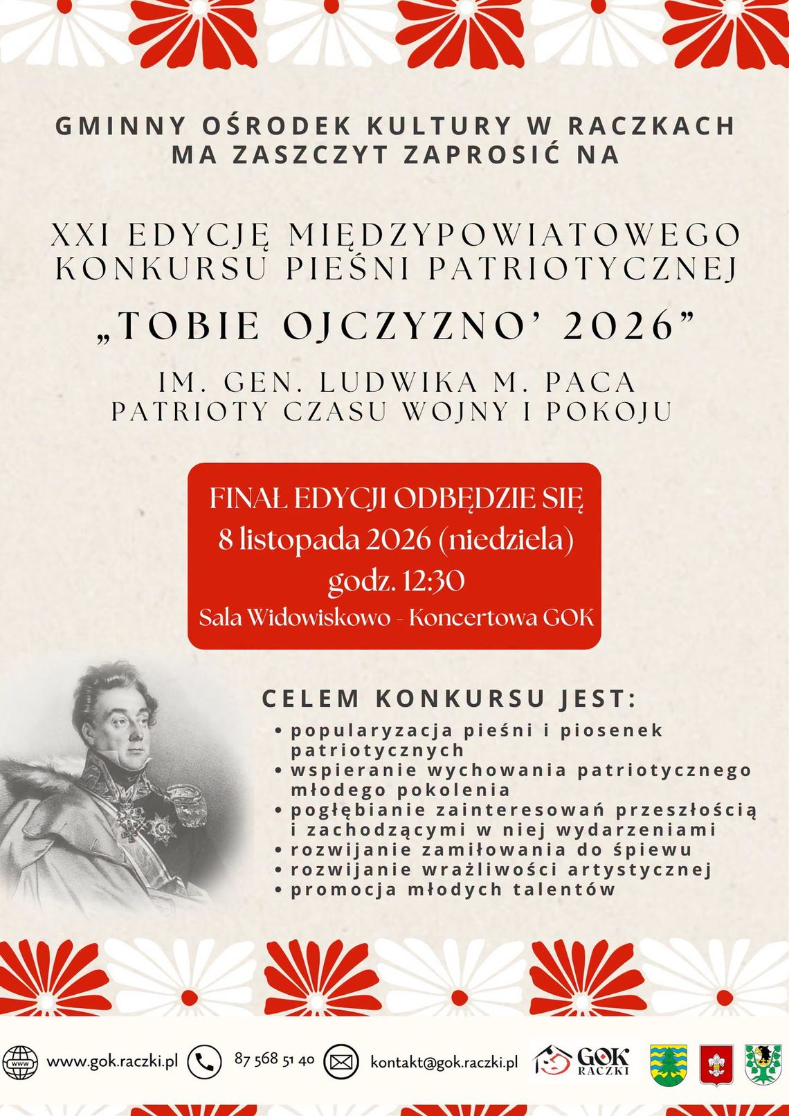 W Raczkach odbędzie się XXI Międzypowiatowy Konkurs Pieśni Patriotycznej „Tobie Ojczyzno” W Raczkach odbędzie się XXI Międzypowiatowy Konkurs Pieśni Patriotycznej „Tobie Ojczyzno”