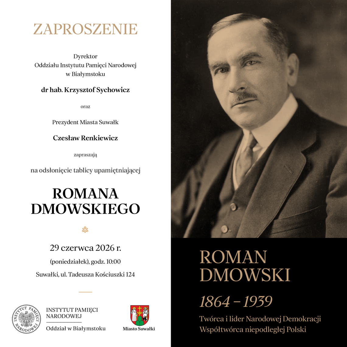 W Suwałkach odsłonią tablicę upamiętniającą wizytę Romana Dmowskiego