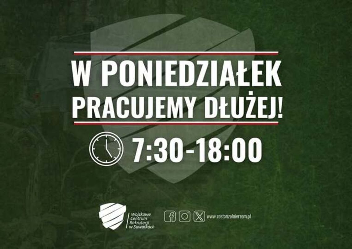 WCR w Suwałkach dłużej otwarte w poniedziałek. Dodatkowy czas dla osób zainteresowanych służbą