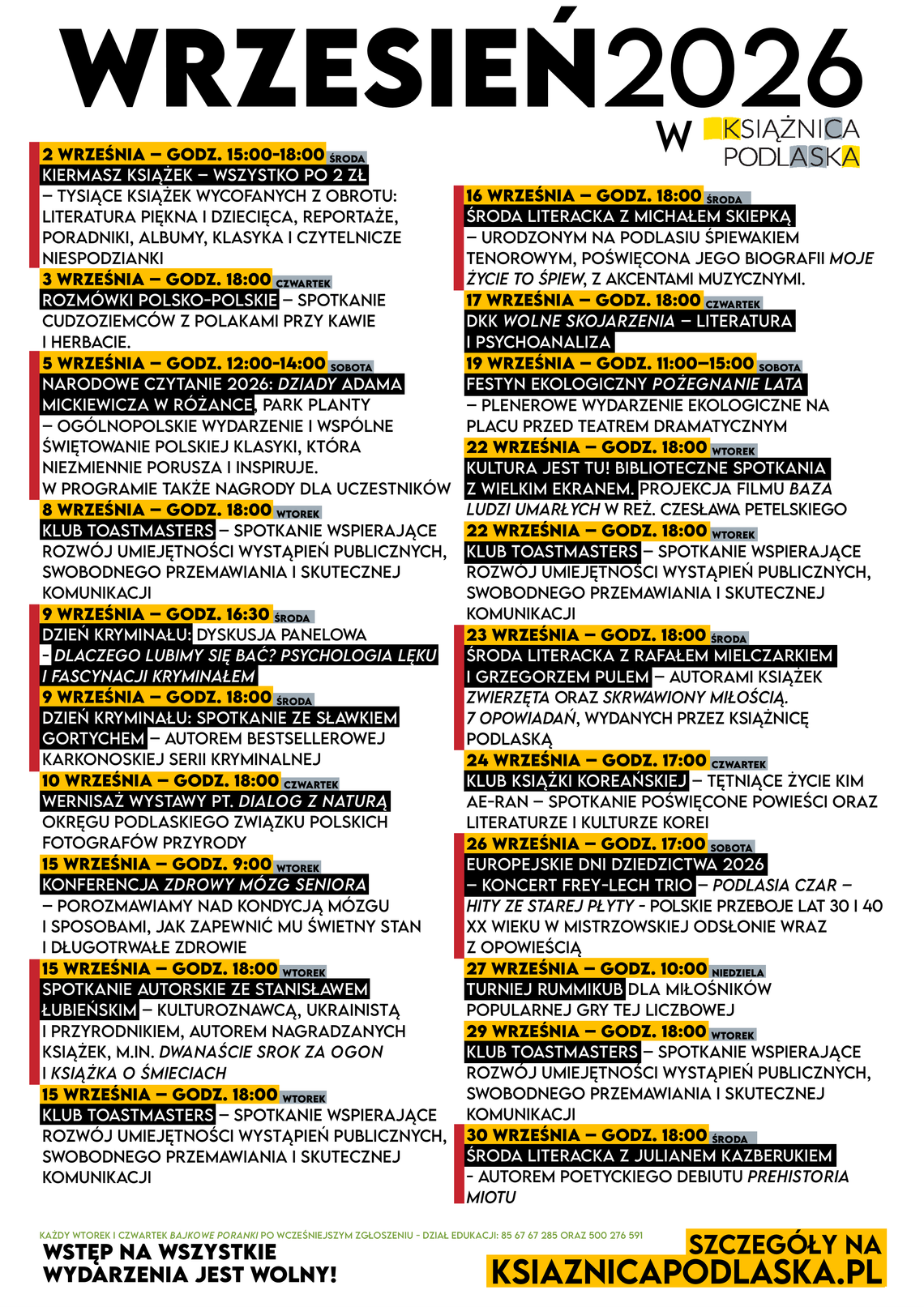 Wrzesień pełen kultury w Książnicy Podlaskiej. Literatura, muzyka, kryminał i spotkania Wrzesień pełen kultury w Książnicy Podlaskiej. Literatura, muzyka, kryminał i spotkania