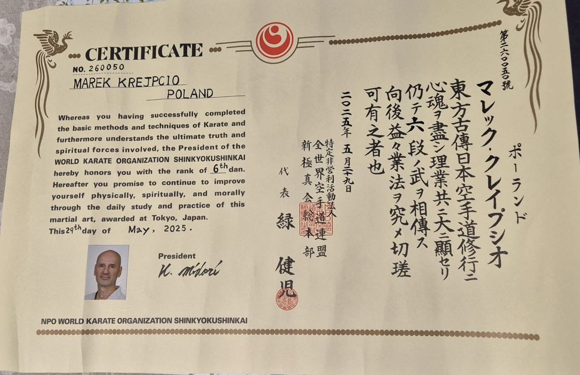 Wyróżnienie dla suwalskiego shihana. Marek Krejpcio otrzymał 6 dan karate