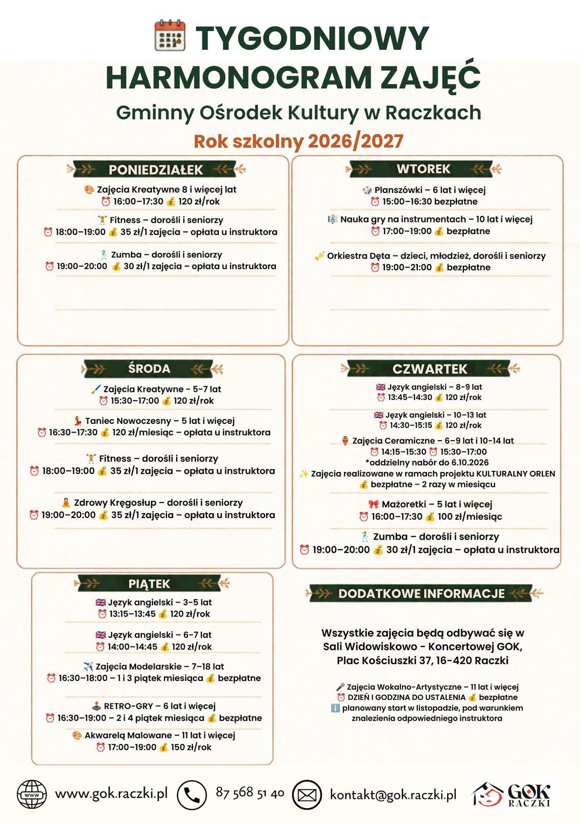 Zajęcia dla dzieci, młodzieży, dorosłych i seniorów. GOK w Raczkach ogłosił harmonogram na rok 2026/2027 Zajęcia dla dzieci, młodzieży, dorosłych i seniorów. GOK w Raczkach ogłosił harmonogram na rok 2026/2027