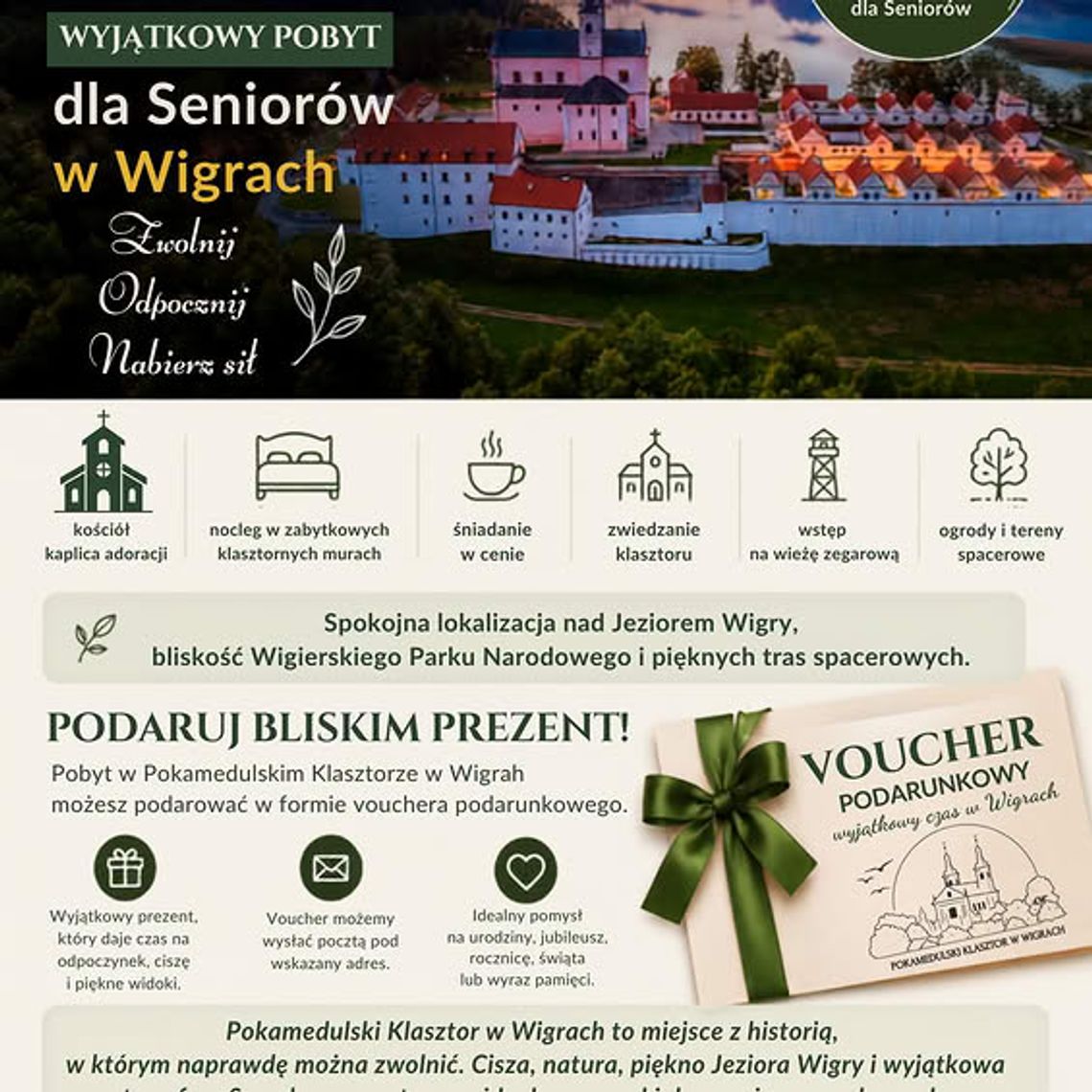 Zasłużony relaks w Wigrach. Specjalny pobyt dla Seniorów z 10% zniżką Zasłużony relaks w Wigrach. Specjalny pobyt dla Seniorów z 10% zniżką