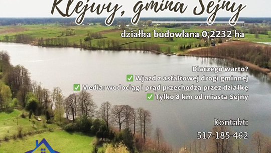 Działka budowlana 0,2232 ha – Klejwy, gmina Sejny
