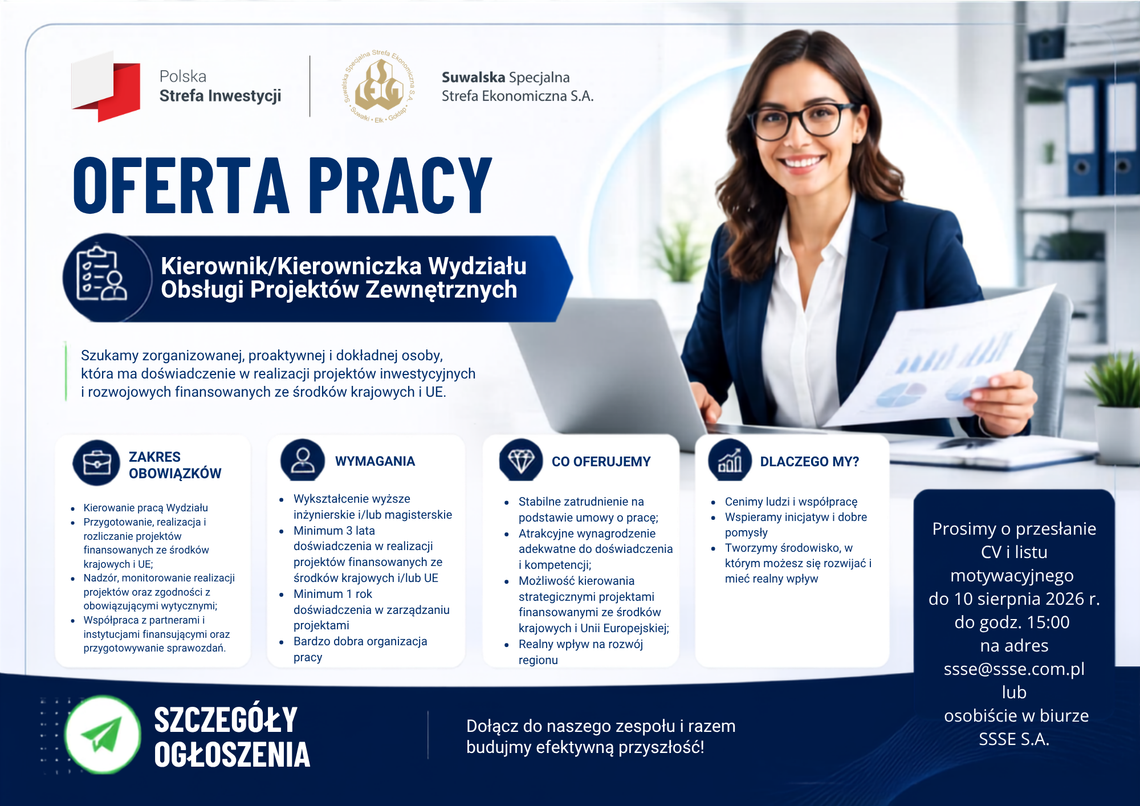 SSSE S.A. prowadzi nabór na stanowisko Kierownika/Kierowniczki Wydziału Obsługi SSSE S.A. prowadzi nabór na stanowisko Kierownika/Kierowniczki Wydziału Obsługi